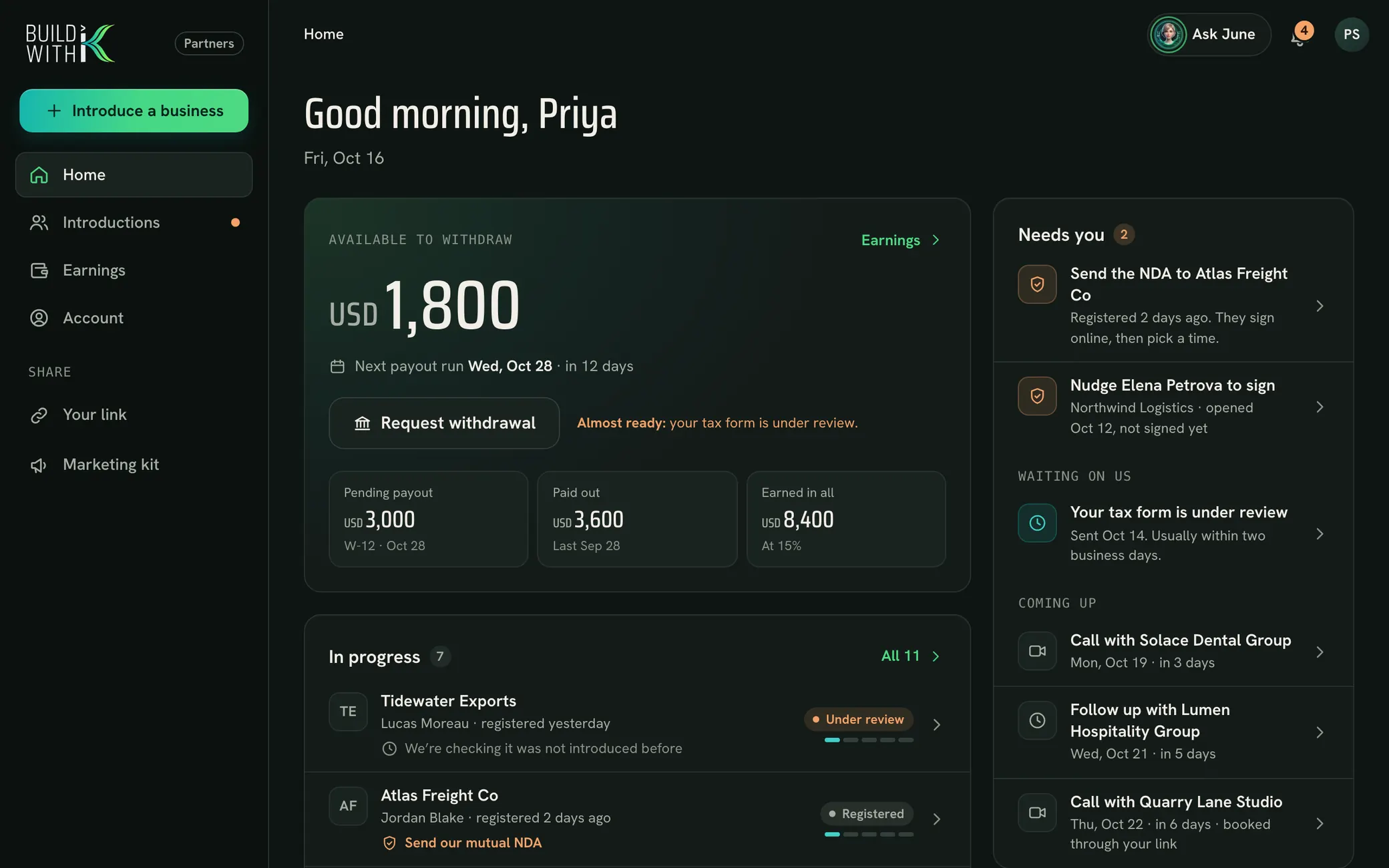 The partner app: Home, on sample data