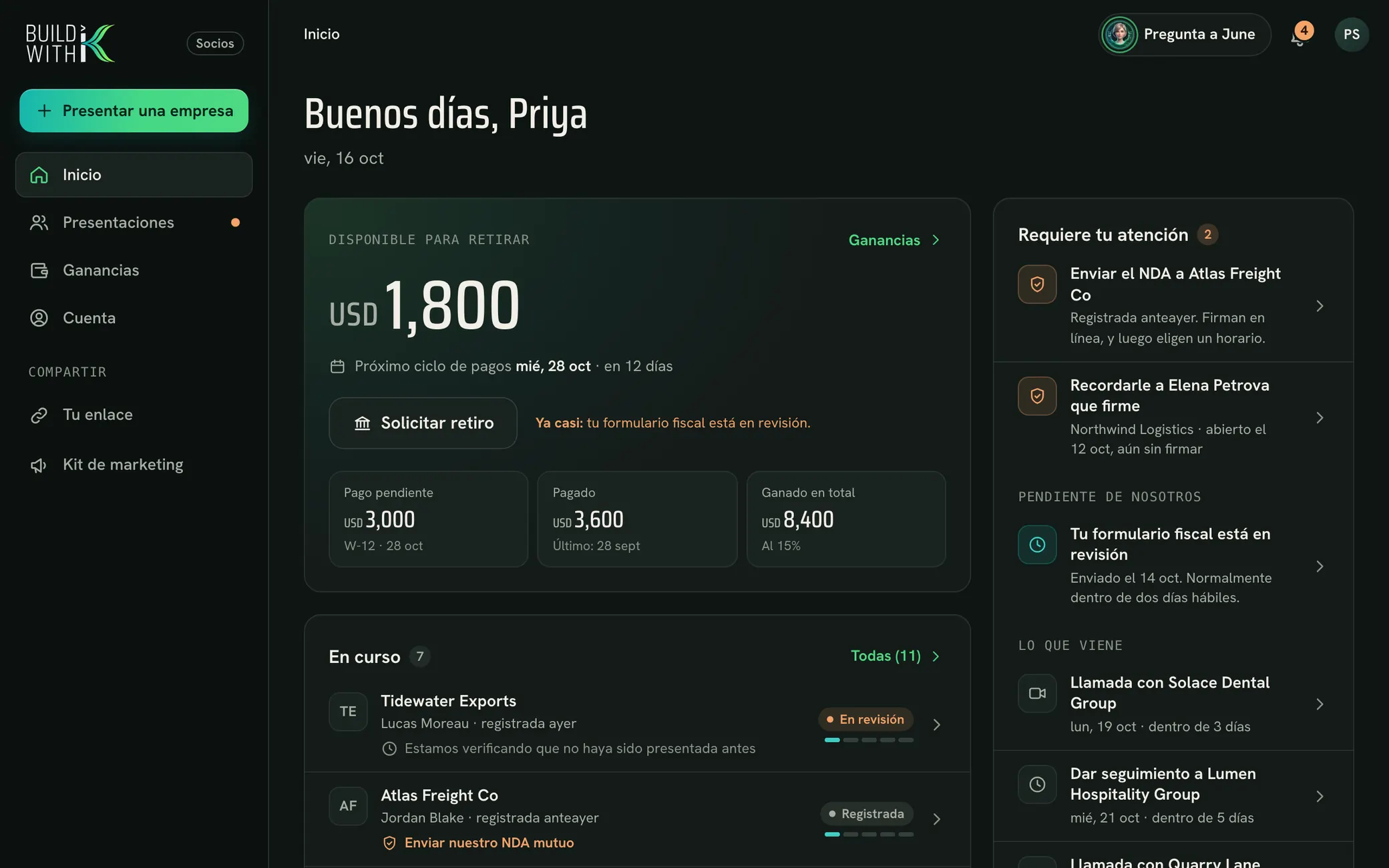 La app para socios: Inicio, con datos de ejemplo