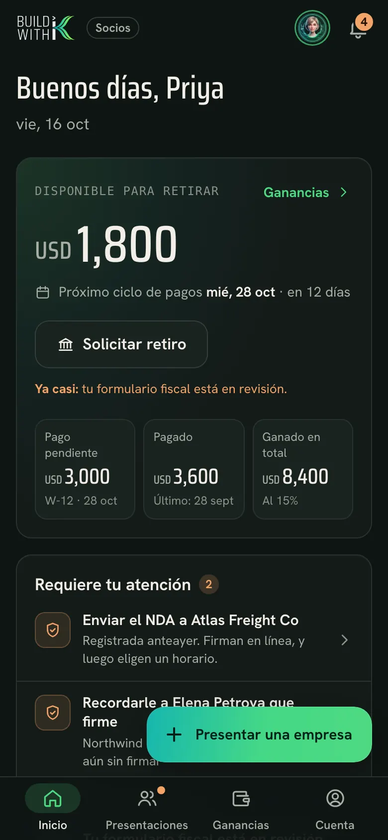 La app para socios: Inicio, con datos de ejemplo