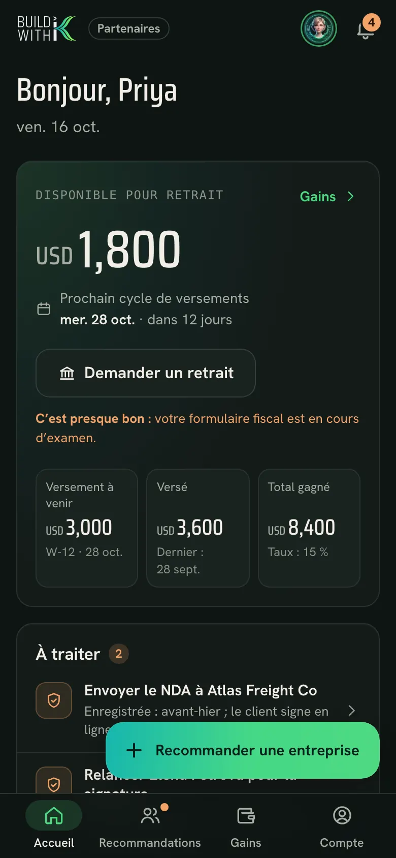 L’app partenaire : Accueil, avec des données d’exemple