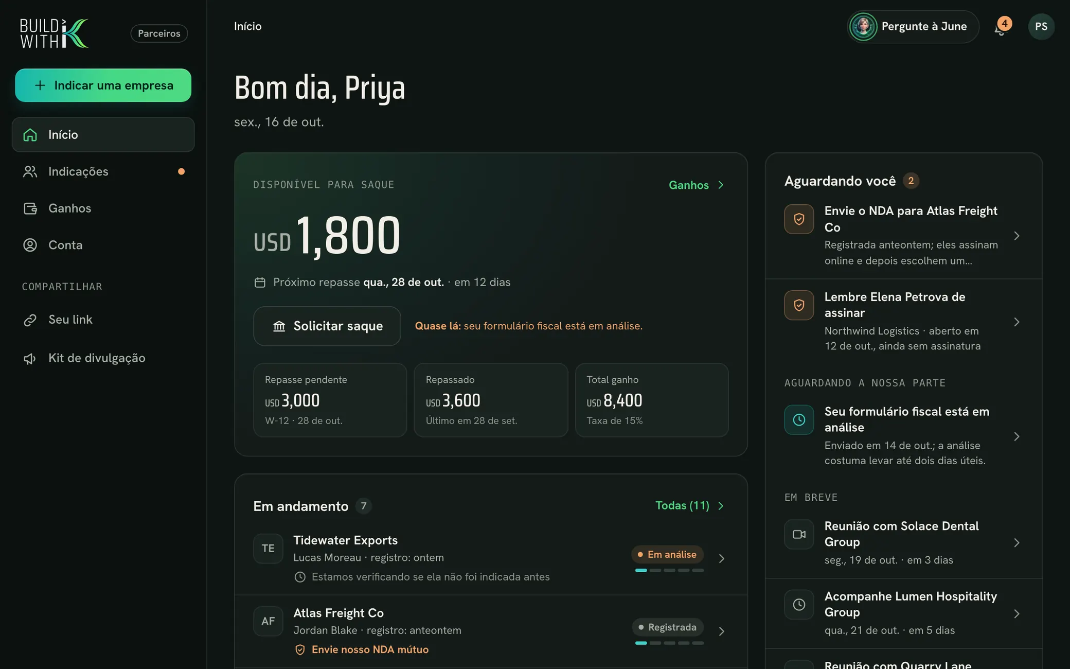 O app de parceiros: Início, com dados de exemplo