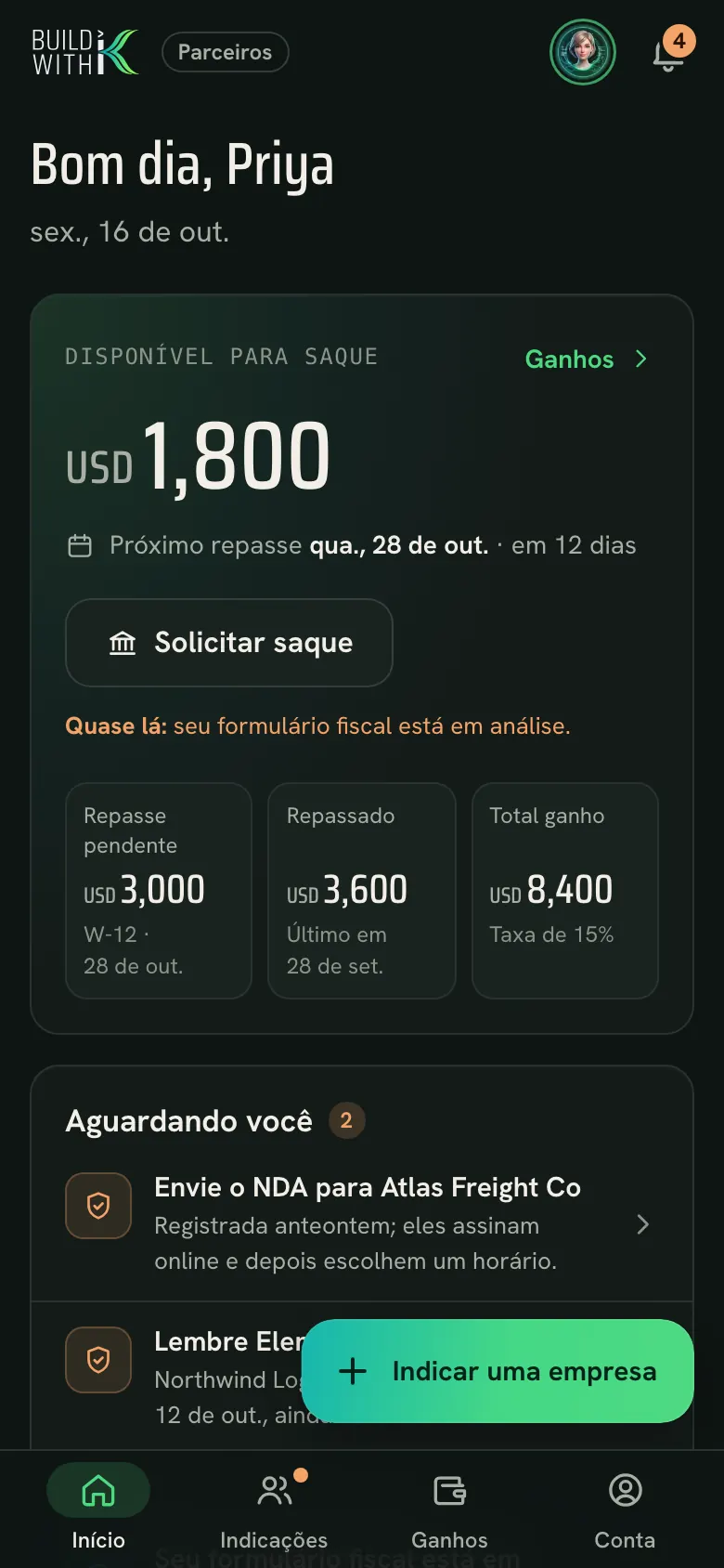 O app de parceiros: Início, com dados de exemplo